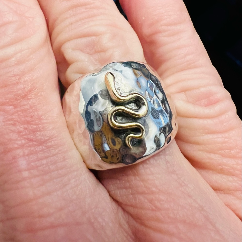 Stunning Richard Schmidt hanmered sterling silver, gold snake ring size 7.